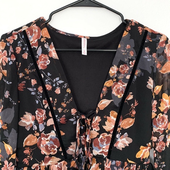 Xhilaration Black Floral Lace Up Long Sleeve Dress - Picture 3 of 8